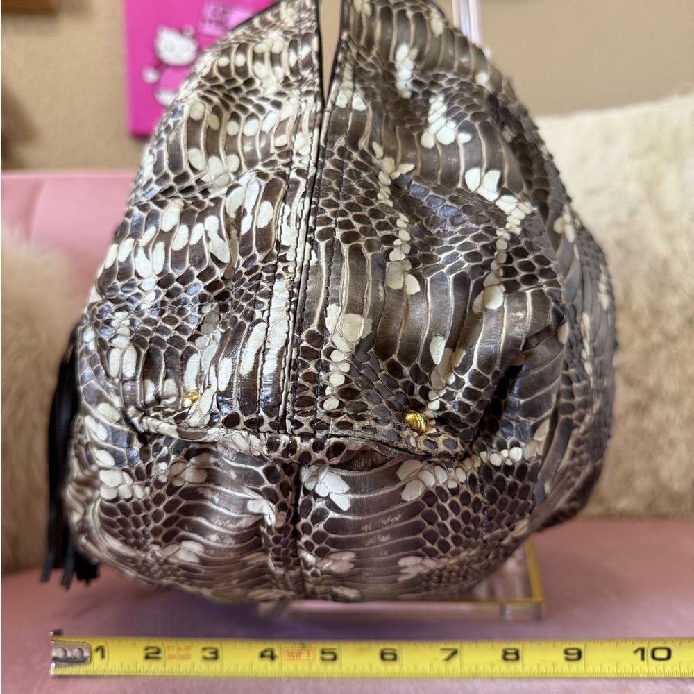 💯 Auth FURLA Snakeskin Leather Hobo Shoulder Bag w Brown Leather & Large Tassle - Picture 10 of 16